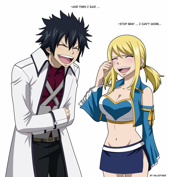 Anime picture 1024x1071 with fairy tail lucy heartfilia gray fullbuster milady666 long hair tall image blush short hair open mouth black hair blonde hair smile white background ponytail eyes closed inscription midriff laughing girl boy