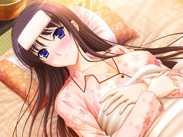 Anime picture 1024x768 with walkure romanze ryuuzouji akane long hair looking at viewer blush blue eyes black hair game cg lying girl pillow towel pajamas