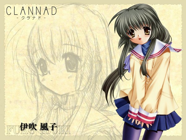 Anime picture 1024x768 with clannad key (studio) ibuki fuuko hinoue itaru single long hair blush open mouth brown hair brown eyes wallpaper copyright name character names girl uniform pantyhose serafuku black pantyhose sleeve cuffs