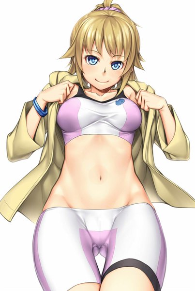 Anime picture 800x1191 with mobile suit gundam gundam build fighters sunrise (studio) hoshino fumina h kasei single long hair tall image looking at viewer blue eyes light erotic simple background blonde hair smile white background ponytail midriff ass visible through thighs girl navel