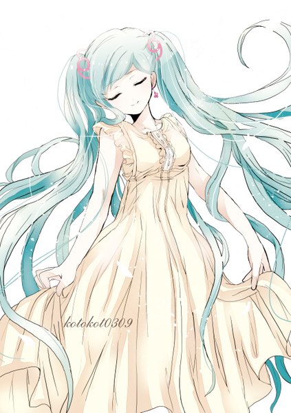 Anime picture 4000x5670 with vocaloid hatsune miku koto2 single tall image highres simple background smile white background twintails signed absurdres eyes closed very long hair aqua hair sleeveless girl dress earrings