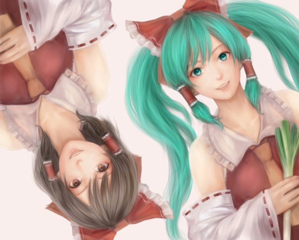 Anime picture 1597x1285 with touhou vocaloid hatsune miku hakurei reimu moekyon long hair smile brown hair twintails multiple girls brown eyes aqua eyes realistic aqua hair cosplay crossover cute hakurei reimu (cosplay) girl ribbon (ribbons)