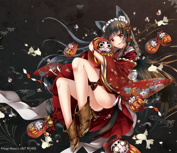 Anime picture 1500x1293 with original usagihime single long hair looking at viewer blush fringe open mouth light erotic black hair red eyes animal ears full body ass tail blunt bangs traditional clothes japanese clothes animal tail cat ears