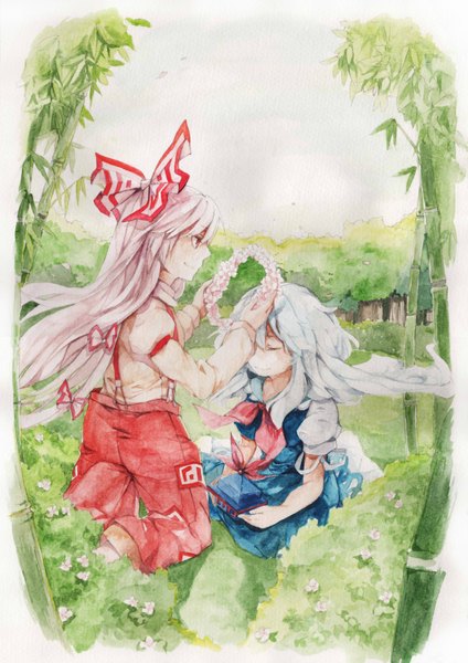 Anime picture 2480x3508 with touhou fujiwara no mokou kamishirasawa keine mikuru rumisora long hair tall image blush highres smile red eyes multiple girls white hair eyes closed profile wind traditional media watercolor (medium) girl bow 2 girls