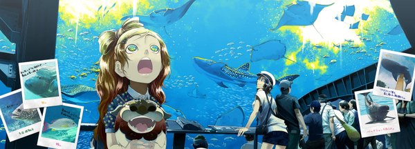 Anime picture 3600x1300 with shiomiya iruka highres short hair smile wide image nail polish group surprised panorama hair ornament hat animal water shorts fish (fishes) hairpin (hairpins) photo (object)