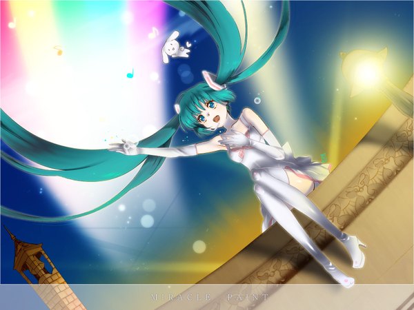 Anime picture 1600x1200 with vocaloid sanrio miracle paint (vocaloid) hatsune miku yukimitsuki long hair highres blue eyes smile twintails very long hair aqua hair singing platform heels girl dress gloves elbow gloves white gloves short dress