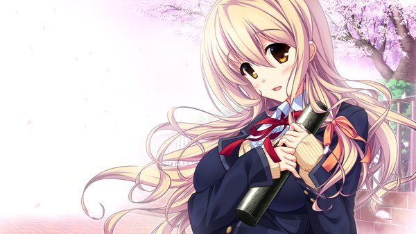 Anime picture 1280x720 with love sweets enjou minamo single long hair looking at viewer blush blonde hair wide image brown eyes game cg cherry blossoms graduation girl uniform plant (plants) school uniform petals tree (trees)