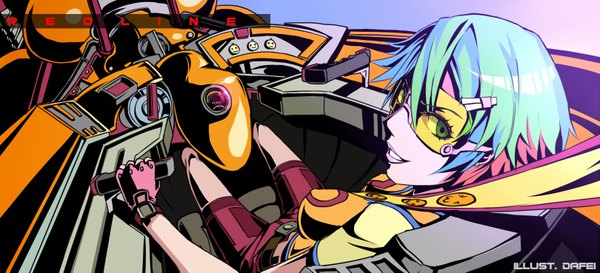 Anime picture 1619x737 with redline sonoshee mclaren dafei single short hair wide image green eyes looking back multicolored hair girl fingerless gloves ground vehicle goggles car convertible