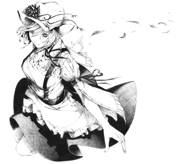 Anime picture 1100x1026 with touhou aki minoriko sousou (sousouworks) single smile white background white hair grey eyes monochrome girl dress ribbon (ribbons) hat feather (feathers)