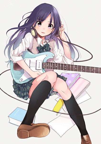 Anime picture 595x842 with original fly (marguerite) single long hair tall image looking at viewer blush sitting purple eyes holding purple hair bent knee (knees) parted lips pleated skirt plaid skirt open collar twisty sleeves headphones around neck knees together feet apart hand on headphones