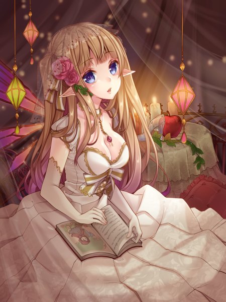 Anime picture 1050x1400 with original ripu (sherypton) single long hair tall image looking at viewer fringe breasts open mouth blue eyes blonde hair large breasts sitting twintails pointy ears girl dress gloves hair ornament flower (flowers)