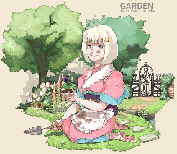 Anime picture 1000x869 with ao no exorcist a-1 pictures moriyama shiemi kuromame short hair blonde hair smile sitting ahoge barefoot aqua eyes waterfall girl hair ornament flower (flowers) plant (plants) tree (trees) water hairclip obi