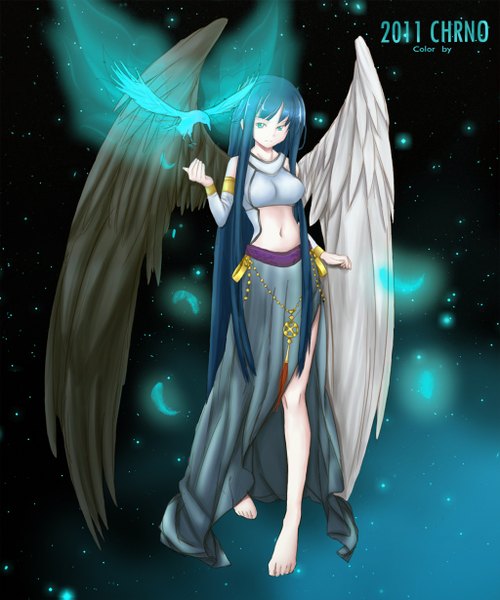 Anime picture 1024x1229 with lchrno single tall image looking at viewer breasts green eyes blue hair very long hair bare belly girl navel animal wings bird (birds) feather (feathers)