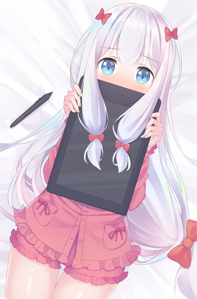 Anime picture 595x900 with eromanga sensei a-1 pictures izumi sagiri kawami nami single long hair tall image looking at viewer blush fringe blue eyes silver hair lying embarrassed thigh gap low ponytail covered mouth girl bow hair bow
