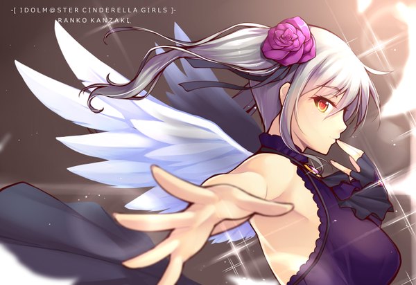 Anime picture 2952x2031 with idolmaster idolmaster cinderella girls kanzaki ranko dean single long hair looking at viewer highres breasts silver hair profile hair flower orange eyes sleeveless outstretched arm finger to mouth rosenburg engel girl dress hair ornament