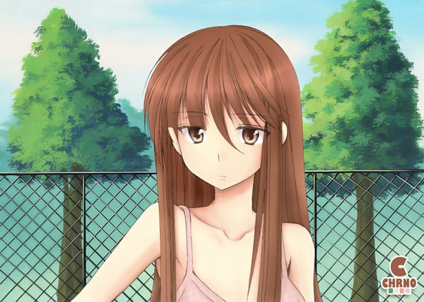 Anime picture 1126x803 with lchrno single long hair fringe brown hair bare shoulders brown eyes signed looking away sky sleeveless hand on hip girl plant (plants) tree (trees)