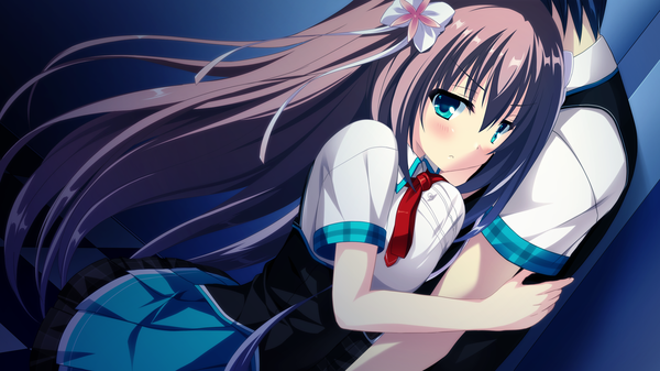 Anime picture 2560x1440 with cocoro@function! hasugase mina long hair blush highres blue eyes brown hair wide image game cg girl boy uniform bow hair bow school uniform