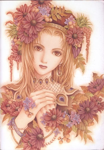 Anime picture 1600x2305 with hayasida kumiko single tall image short hair blonde hair brown eyes hair flower girl hair ornament flower (flowers) earrings bracelet cap