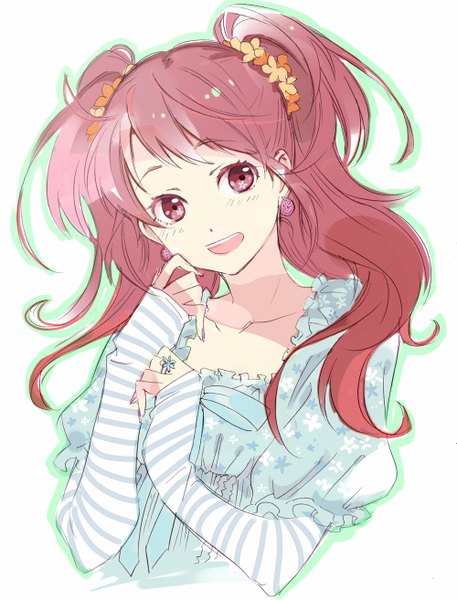 Anime picture 1000x1313 with persona 4 persona kujikawa rise yoshida morohe single long hair tall image looking at viewer fringe open mouth brown hair hair flower two side up happy girl dress hair ornament flower (flowers) earrings