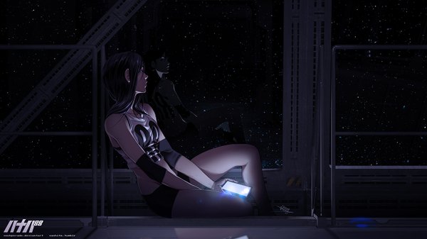 Anime picture 1280x720 with original vashperado single long hair black hair wide image sitting bare shoulders holding signed looking away bent knee (knees) profile night bare belly night sky sleeveless thighs reflection glow