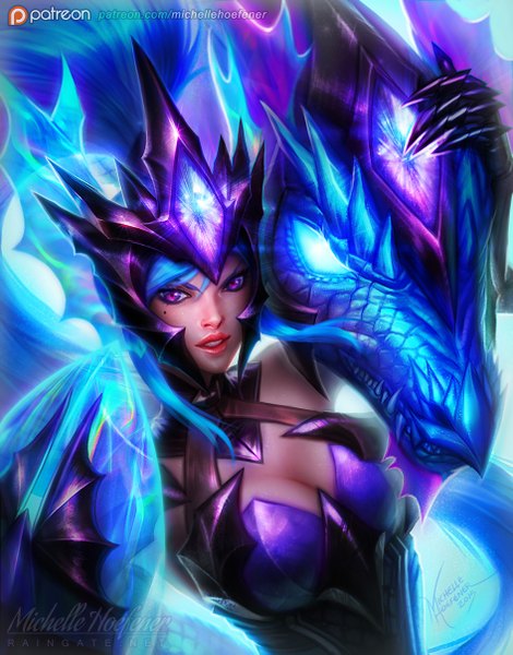 Anime picture 945x1205 with league of legends shyvana (league of legends) michelle hoefener single long hair tall image looking at viewer breasts blue eyes purple eyes blue hair lips realistic mole mole under eye fantasy girl helmet dragon