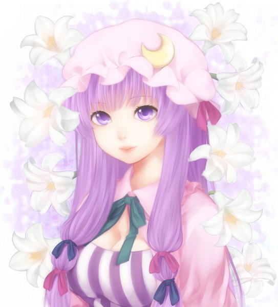 Anime picture 1332x1470 with touhou patchouli knowledge etou (cherry7) single long hair tall image looking at viewer purple eyes purple hair crescent girl flower (flowers) bow hair bow bonnet