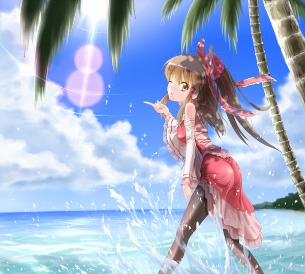 Anime picture 1600x1440 with touhou hakurei reimu hadi single long hair black hair brown eyes cloud (clouds) one eye closed wink beach miko girl bow plant (plants) hair bow detached sleeves bamboo