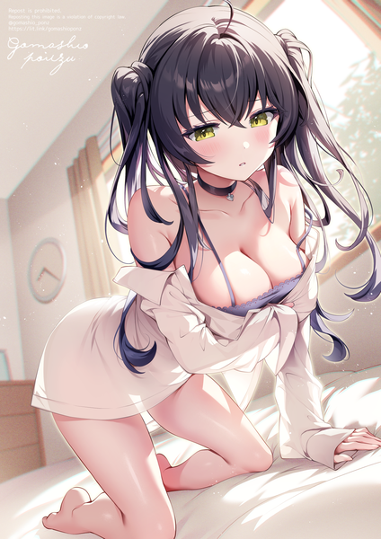 Anime picture 1736x2456 with original gomashio ponz single long hair tall image looking at viewer blush fringe highres breasts light erotic black hair hair between eyes large breasts signed yellow eyes cleavage indoors long sleeves parted lips