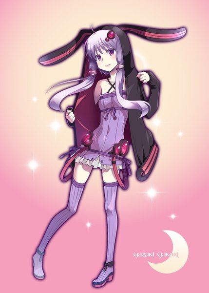 Anime picture 1295x1812 with vocaloid yuzuki yukari caffein single long hair tall image blush purple eyes twintails animal ears purple hair inscription low twintails pink background girl dress hair ornament hood moon thigh boots