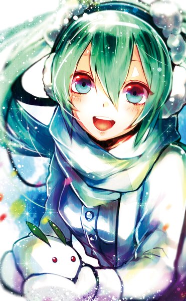Anime picture 1000x1618 with vocaloid hatsune miku sazanami shione single long hair tall image blush open mouth blue eyes twintails green hair from above snowing winter snow girl scarf mittens earmuffs snow rabbit