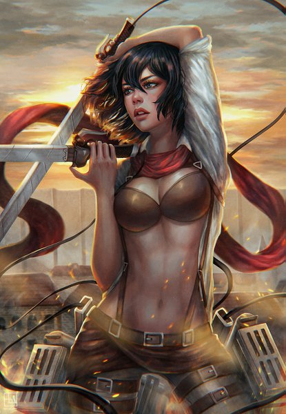 Anime picture 831x1200 with shingeki no kyojin production i.g mikasa ackerman abigail diaz single tall image fringe short hair breasts open mouth light erotic black hair hair between eyes standing holding looking away cleavage cloud (clouds) outdoors arm up