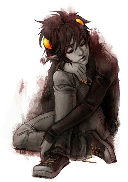 Anime picture 707x1000 with homestuck karkat vantas len-yan (artist) single tall image short hair black hair simple background white background sitting signed eyes closed nail polish horn (horns) pointy ears dark skin leg hug boy shoes sneakers