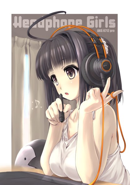Anime picture 1250x1786 with original mao (6r) single tall image short hair open mouth black hair bare shoulders brown eyes looking away ahoge girl headphones wire (wires)