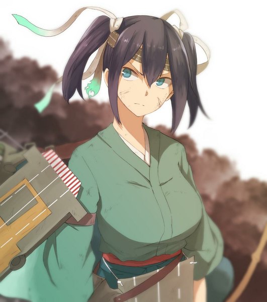 Anime picture 1024x1156 with kantai collection souryuu aircraft carrier tsukamoto minori single tall image short hair blue eyes black hair twintails looking away traditional clothes japanese clothes wind short twintails girl ribbon (ribbons) hair ribbon