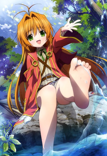 Anime picture 4091x5928 with kamisama no inai nichiyoubi nyantype ai astin single long hair tall image looking at viewer highres open mouth smile brown hair green eyes absurdres sky cloud (clouds) barefoot wet loli legs girl