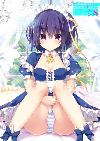 Anime picture 2149x3035 with original kino (kino konomi) single tall image looking at viewer blush highres short hair light erotic purple eyes blue hair scan maid girl dress uniform underwear panties bow ribbon (ribbons)