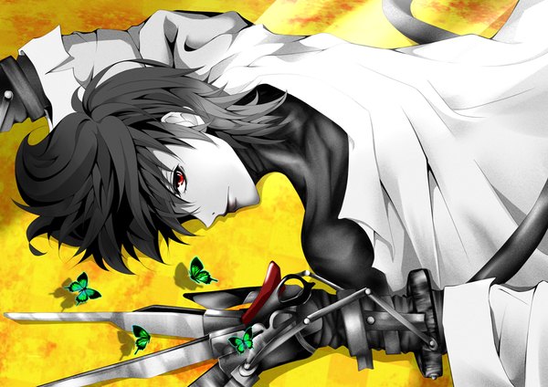 Anime picture 1024x724 with nico nico singer nico nico douga scissorhands (vocaloid) edward scissorhands (character) rian (artist) single short hair red eyes lying profile grey hair off shoulder shadow on stomach mechanical parts boy shirt insect butterfly blade