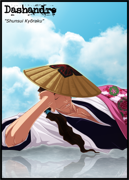 Anime picture 780x1091 with bleach studio pierrot kyoraku shunsui dark-nyghtmare single long hair tall image brown hair sky cloud (clouds) ponytail lying eyes closed traditional clothes japanese clothes sunlight inscription arm support coloring reflection