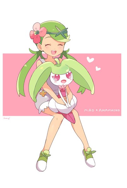 Anime picture 700x1038 with pokemon pokemon sm nintendo mallow (pokemon) steenee mei (maysroom) single long hair tall image open mouth sitting twintails signed full body eyes closed hair flower green hair character names low twintails ^ ^