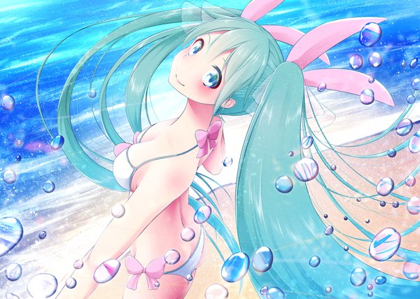 Anime picture 2088x1488 with vocaloid hatsune miku nekobaka single looking at viewer blush highres breasts smile twintails ass very long hair aqua eyes from above aqua hair beach girl bow ribbon (ribbons) swimsuit