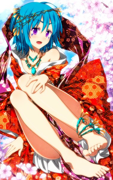 Anime picture 700x1114 with original sazanami mio single tall image looking at viewer blush short hair open mouth light erotic purple eyes blue hair bent knee (knees) traditional clothes japanese clothes off shoulder legs cherry blossoms floral print girl flower (flowers)