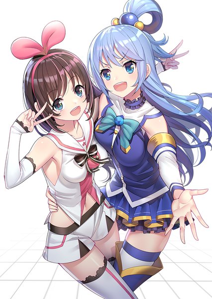 Anime picture 781x1100 with kono subarashii sekai ni shukufuku wo! virtual youtuber studio deen a.i. channel aqua (konosuba) kizuna ai ririko (zhuoyandesailaer) long hair tall image looking at viewer blush short hair open mouth blue eyes simple background brown hair white background multiple girls blue hair :d