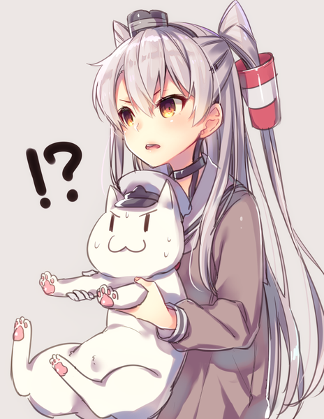 Anime picture 755x976 with kantai collection amatsukaze destroyer tahya single long hair tall image blush fringe open mouth simple background hair between eyes holding brown eyes payot looking away silver hair grey background two side up :3 !?