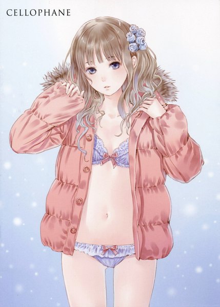 Anime picture 1241x1737 with original cellophane (artbook) kishida mel single long hair tall image looking at viewer blush breasts light erotic simple background blonde hair standing purple eyes hair flower inscription open clothes open jacket bare legs flat chest