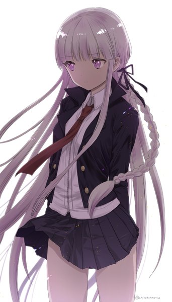 Anime picture 4000x7000 with dangan ronpa kirigiri kyouko cyonmage single tall image highres white background purple eyes absurdres purple hair braid (braids) very long hair cute girl skirt ribbon (ribbons) hair ribbon miniskirt necktie black skirt