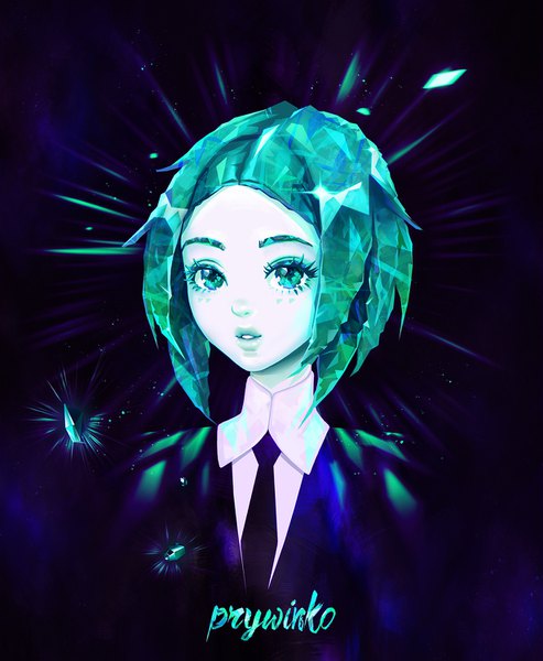 Anime picture 1232x1500 with houseki no kuni phosphophyllite olga narhova single tall image looking at viewer short hair simple background green eyes parted lips green hair lips black background portrait shiny androgynous necktie gem