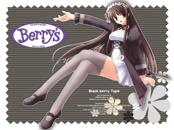 Anime picture 1600x1200 with berry's veryberry (artbook) gennosuke single long hair looking at viewer blush fringe open mouth brown hair sitting brown eyes official art wallpaper crossed legs outstretched arm girl thighhighs headdress maid headdress