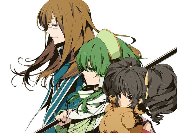Anime picture 1100x825 with tales of (series) tales of the abyss anise tatlin tokunaga jade curtiss ion hidakarumen short hair black hair simple background smile brown hair white background twintails multiple girls brown eyes green eyes profile green hair multiple boys