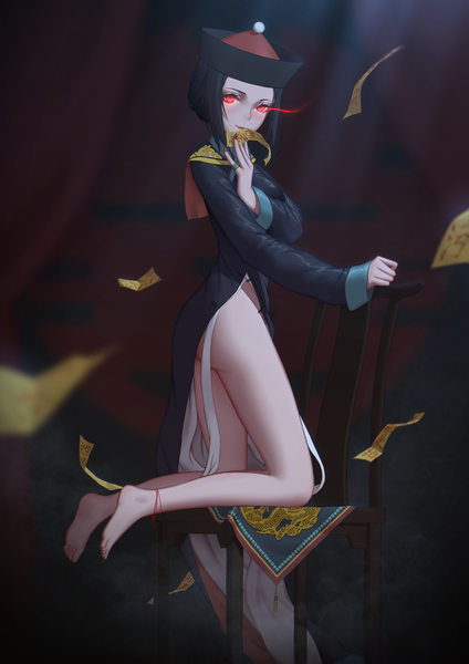 Anime picture 1296x1832 with original maredoro single tall image short hair black hair red eyes traditional clothes barefoot glowing chinese clothes glowing eye (eyes) girl chair chinese dress ofuda