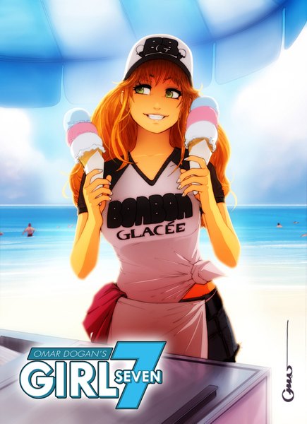 Anime picture 1000x1377 with original girl 7 (artbook) omar-dogan long hair tall image smile green eyes nail polish lips orange hair inscription grin girl water food sweets ice cream baseball cap